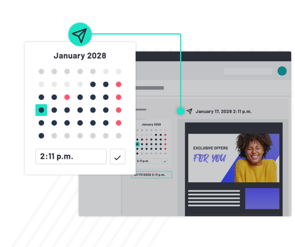 Kalender-Popup 'January 2028' mit Zeitangabe 2:11 p.m. und Newsletter-Vorschau mit lächelnder Frau